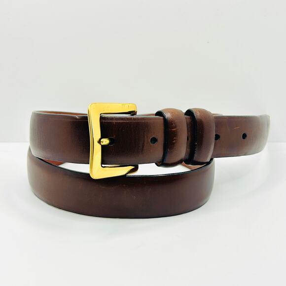 Vintage 90s/Y2K Kenneth Cole Brown Leather Solid Brass Buckle Belt - Picture 1 of 7